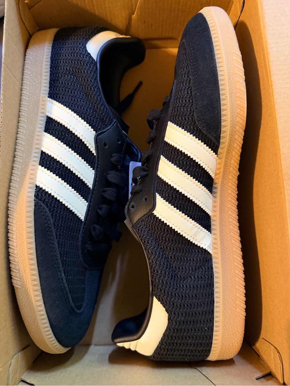 adidas Black Knit Sneakers with White Stripes and Gum Sole